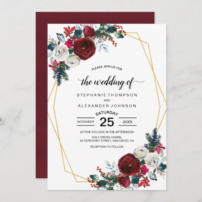 Geometric Gold Frame Burgundy Winter Flowers Invitation (Front/Back)