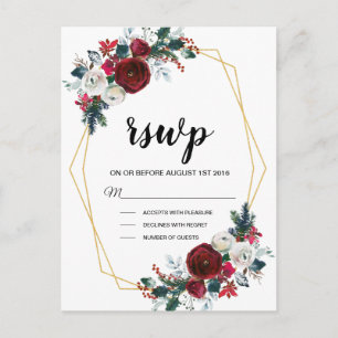 Geometric Gold Frame Burgundy Winter Flowers Invitation Postcard