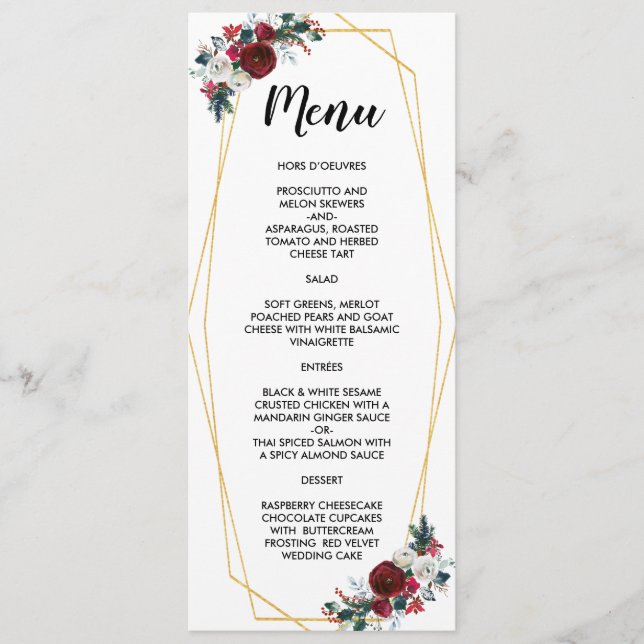 Geometric Gold Frame Burgundy Winter Flowers Menu (Front)