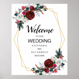 Geometric Gold Frame Burgundy Winter Flowers Poster