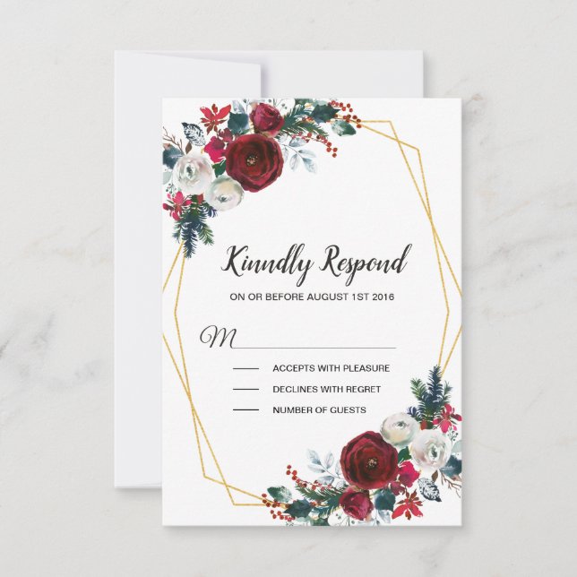 Geometric Gold Frame Burgundy Winter Flowers RSVP Card (Front)