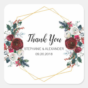 Geometric Gold Frame Burgundy Winter Flowers Square Sticker