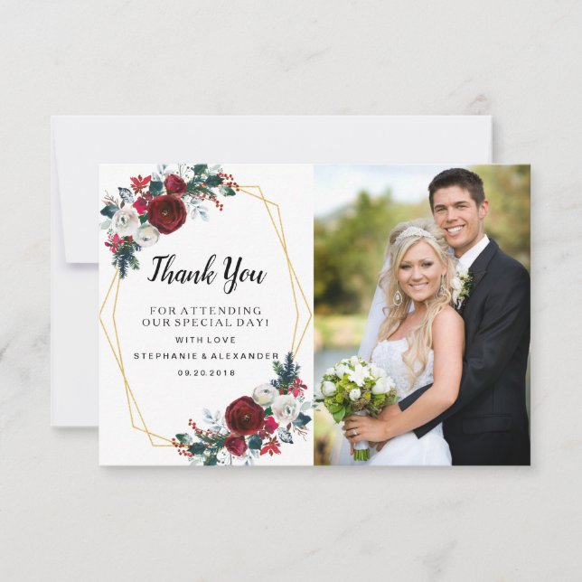 Geometric Gold Frame Burgundy Winter Flowers Thank You Card (Front)