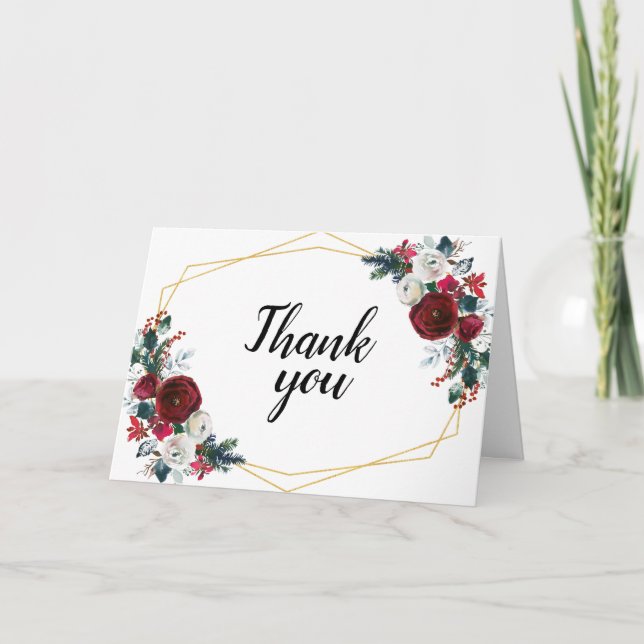 Geometric Gold Frame Burgundy Winter Flowers Thank You Card (Front)