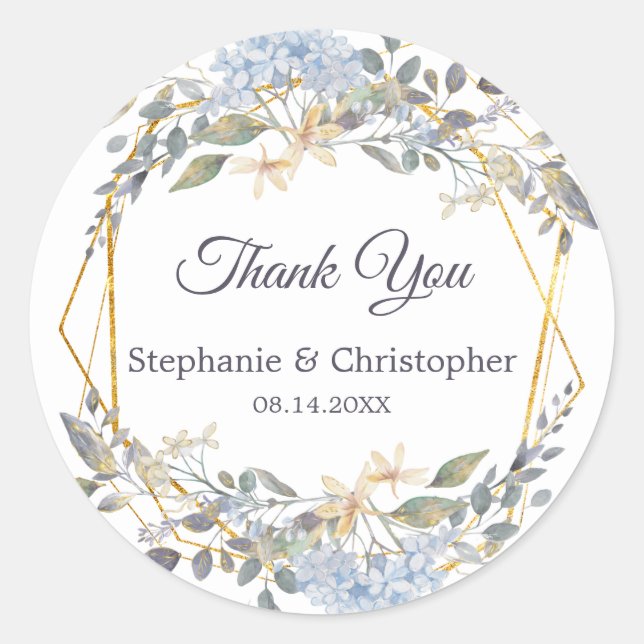 Geometric Gold Frame Dusty Blue Florals Thank You Classic Round Sticker (Front)