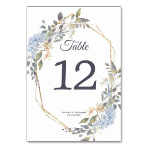 Geometric Gold Frame Dusty Blue Florals Wedding Table Number