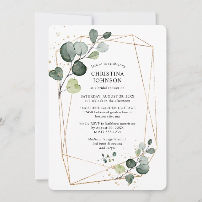 Geometric Gold Frame Eucalyptus Bridal Shower Invitation (Front)