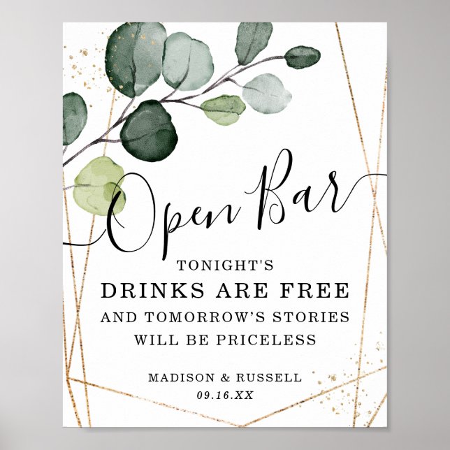 Geometric Gold Frame Eucalyptus Open Bar Sign (Front)