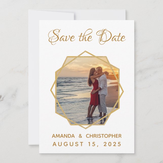 Geometric Gold Frame Photo Calligraphic Wedding Save The Date (Front)