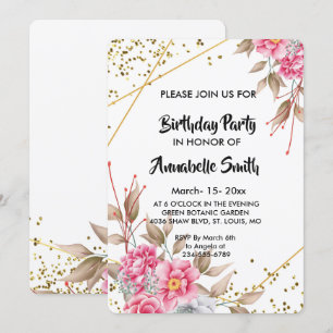 Geometric Gold Frame Pink Floral Birthday Party Invitation