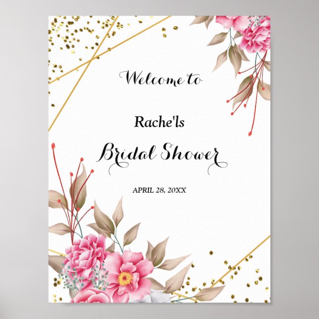 Geometric Gold Frame Pink Floral  Bridal Shower Poster (Front)