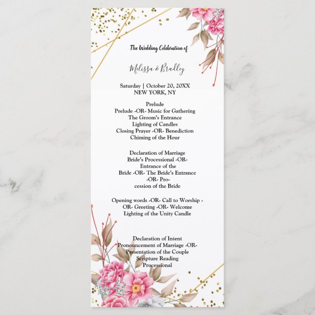 Geometric Gold Frame Pink Floral ceremony Program Programme (Front)