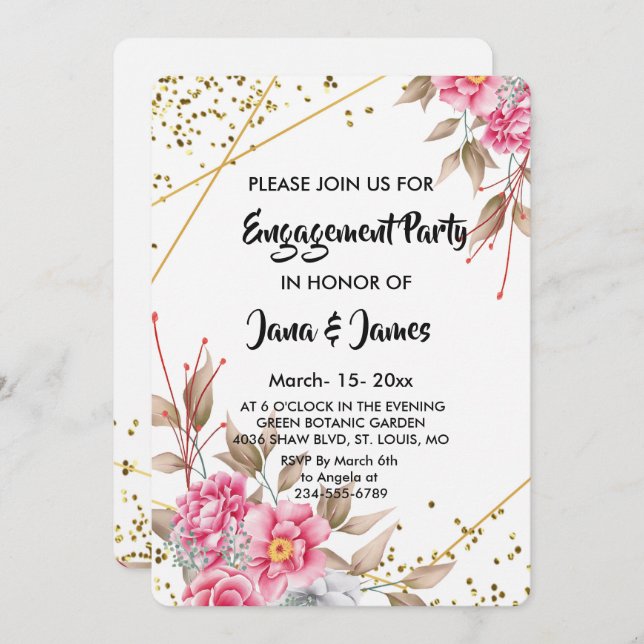 Geometric Gold Frame Pink Floral   Engagement Invitation (Front/Back)