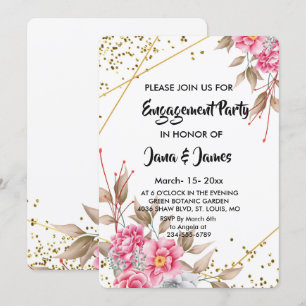 Geometric Gold Frame Pink Floral   Engagement Invitation