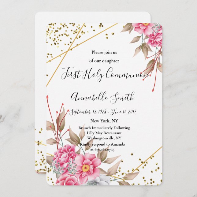 Geometric Gold Frame Pink Floral  First Holy Comm Invitation (Front/Back)