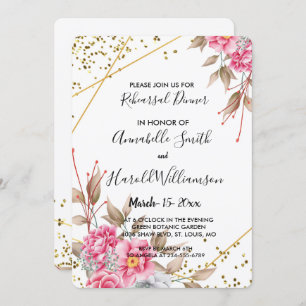 Geometric Gold Frame Pink Floral Rehearsal Dinner Invitation