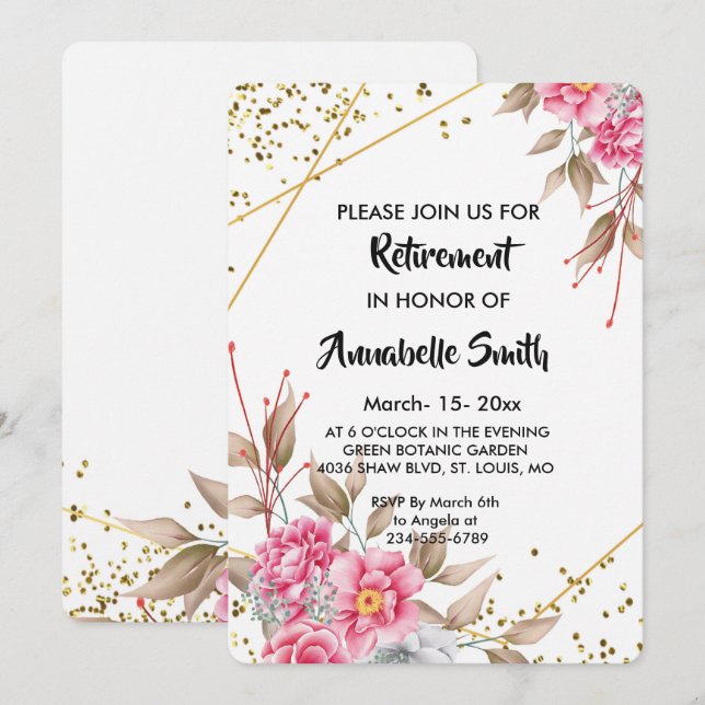 Geometric Gold Frame Pink Floral    Retirement Invitation (Front/Back)