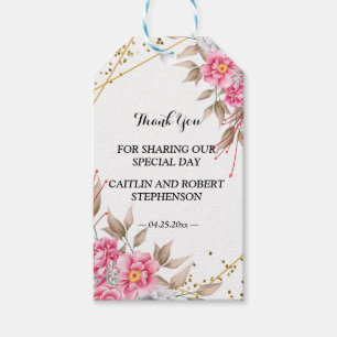 Geometric Gold Frame Pink Floral thank you Gift Tags