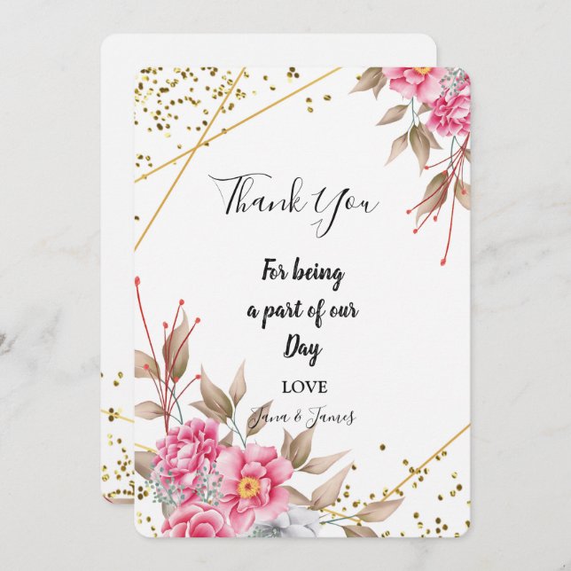 Geometric Gold Frame Pink Floral thank you Invitation (Front/Back)