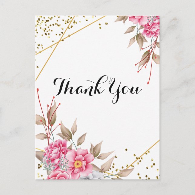 Geometric Gold Frame Pink Floral Thank you Postcard (Front)