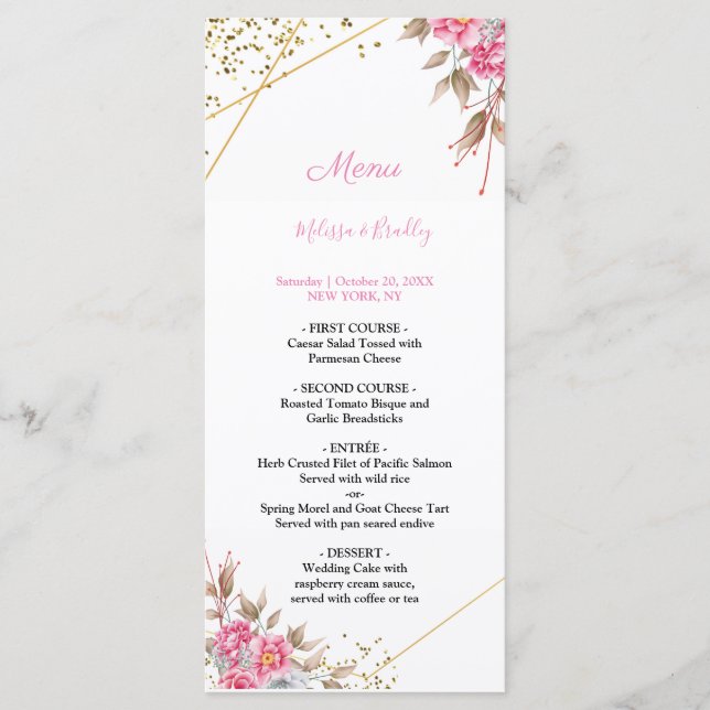 Geometric Gold Frame Pink Floral Wedding Menu (Front)