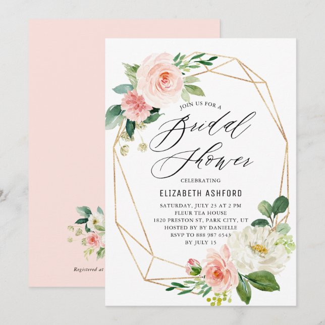 Geometric Gold Frame Pink Florals Bridal Shower Invitation (Front/Back)