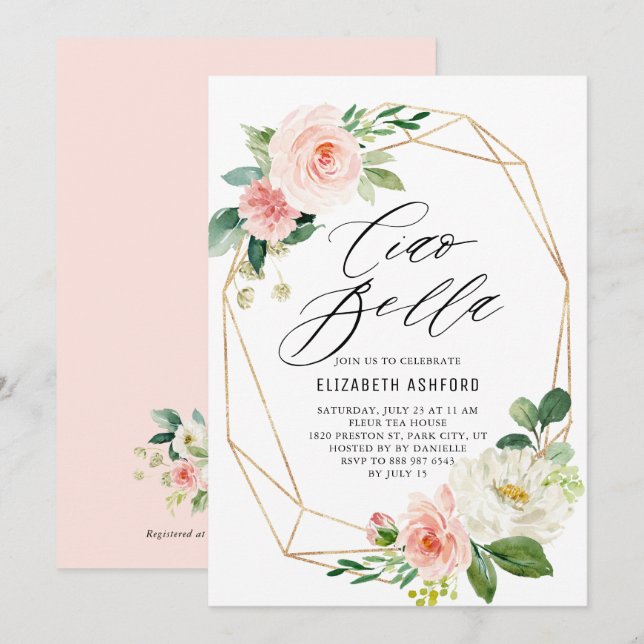 Geometric Gold Frame Pink Florals Ciao Bella Invitation (Front/Back)