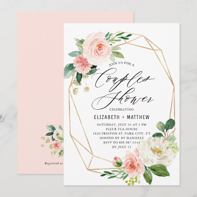 Geometric Gold Frame Pink Florals Couples Shower Invitation (Front/Back)