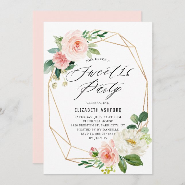 Geometric Gold Frame  Pink Florals Sweet 16 Party Invitation (Front/Back)