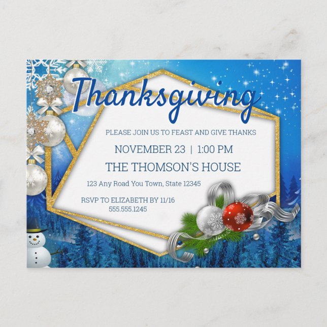 Geometric Gold Frame Thanksgiving Invitation Postcard (Front)