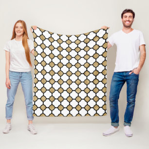 Geometric Gold Glitter Black White Quatrefoil Fleece Blanket