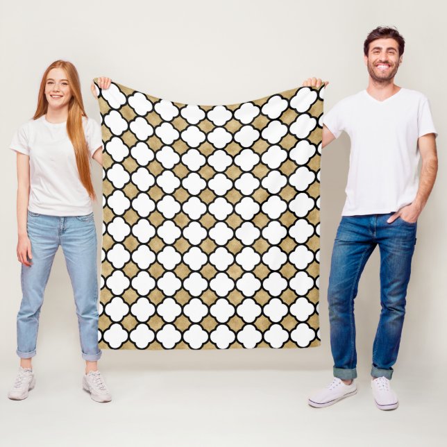 Geometric Gold Glitter Black White Quatrefoil Fleece Blanket (In Situ)