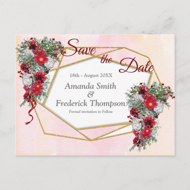 Geometric - Gold Glitter Burgundy Bouquets Announcement Postcard (Front)