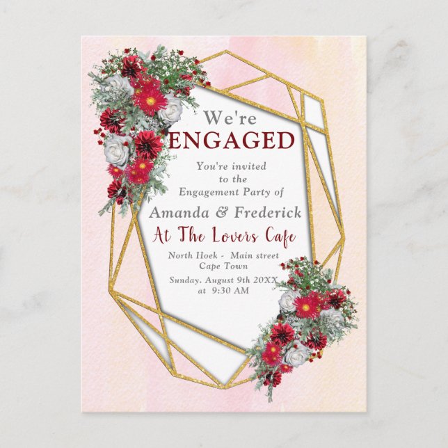 Geometric - Gold Glitter Burgundy Bouquets Invitation Postcard (Front)