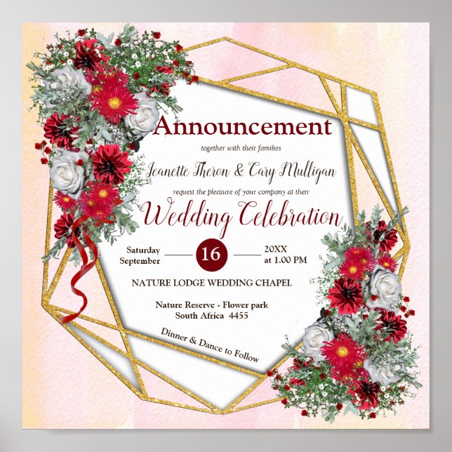 Geometric - Gold Glitter Burgundy Bouquets Poster (Front)