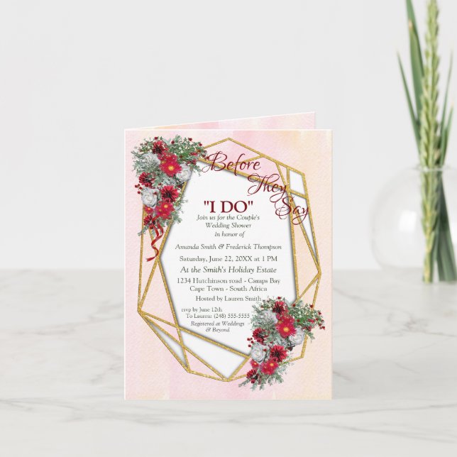 Geometric - Gold Glitter Burgundy Couple Shower Invitation (Front)
