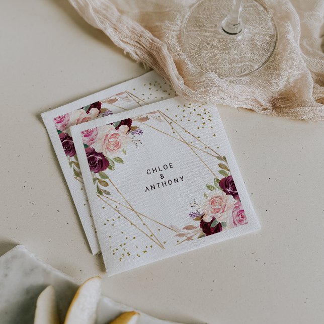 Geometric Gold Glitter Burgundy Floral Wedding Napkin (Creator Uploaded)