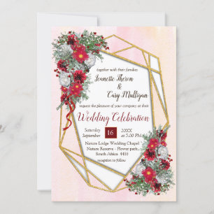 Geometric Gold Glitter Burgundy Flowers Invitation