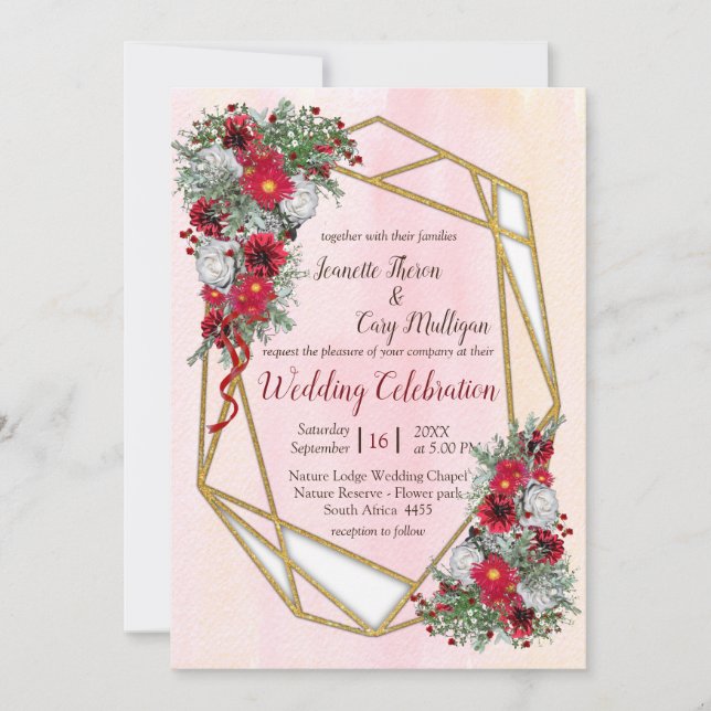 Geometric Gold Glitter Burgundy Flowers Invitation (Front)