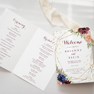 Geometric Gold Glitter Calligraphy Folded Wedding Programme
