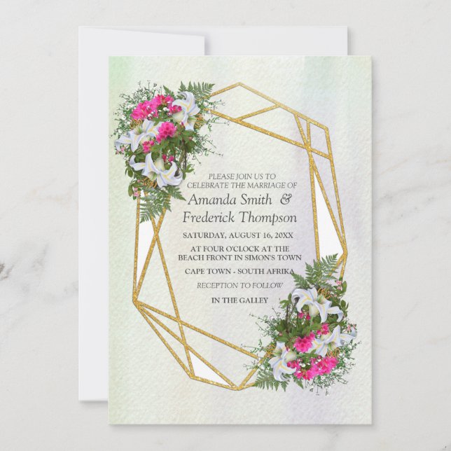 Geometric Gold Glitter Flower Bouquet Theme Invitation (Front)