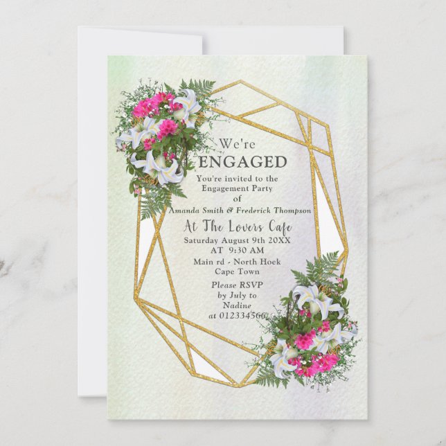 Geometric - Gold Glitter Flower Bouquet Theme Invitation (Front)