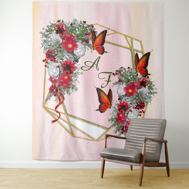 Geometric Gold Glitter frame & Burgundy Flowers Tapestry (In Situ)