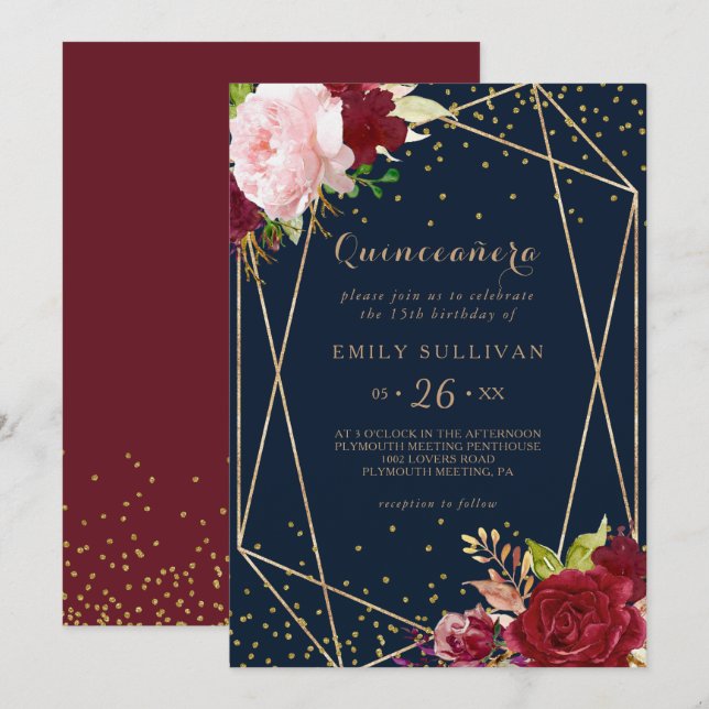 Geometric Gold Glitter Red Quinceañera Invitation (Front/Back)