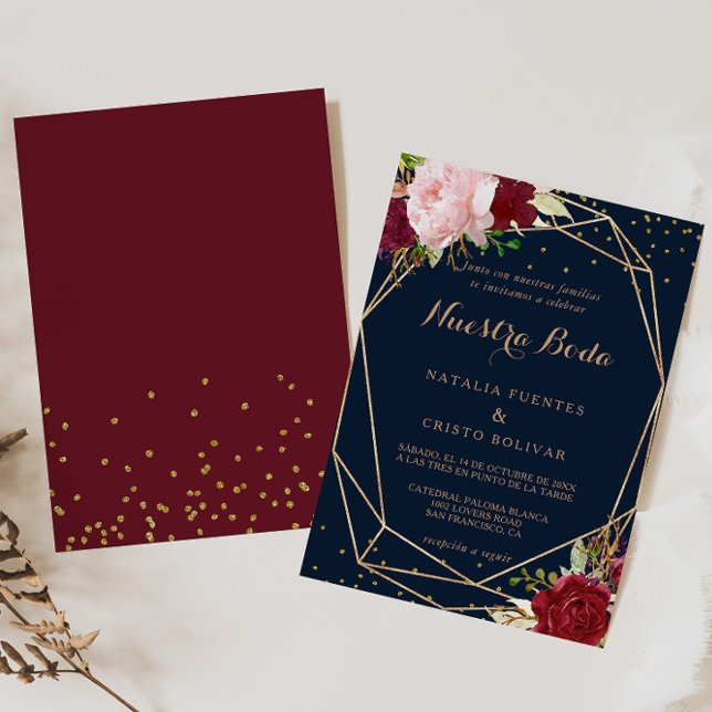 Geometric Gold Glitter Red Spanish Wedding Invitation (Creator Uploaded)