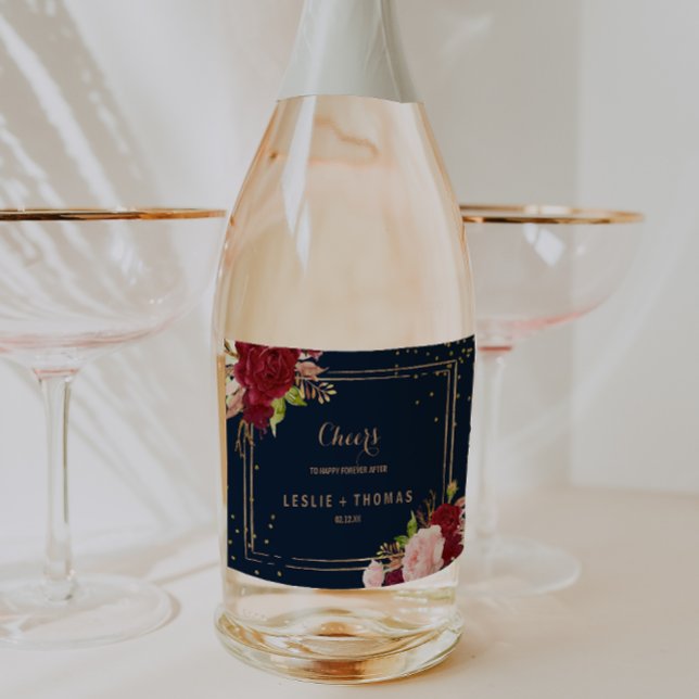 Geometric Gold Glitter Red Tropical Wedding Sparkling Wine Label (Creator Uploaded)