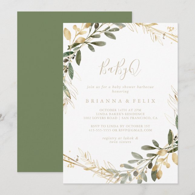 Geometric Gold Green BabyQ Baby Shower Barbecue  Invitation (Front/Back)
