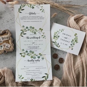 Geometric Gold Green Eucalyptus Wedding Tri-Fold Invitation