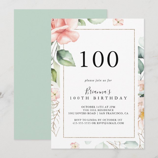 Geometric Gold Green Foliage 100th Birthday Party Invitation (Front/Back)