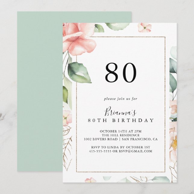 Geometric Gold Green Foliage 80th Birthday Party Invitation (Front/Back)